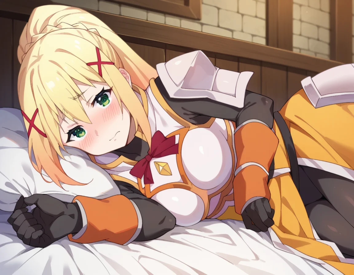 score_9, score_8_up, score_7_up, source_anime,
lalatinadustinessford, <lora:lalatina-dustiness-ford-s2-ponyxl-lora-nochekaiser:1>,
darkness \(konosuba\), long hair, green eyes, blonde hair, hair ornament, ponytail, braid, x hair ornament,
gloves, armor, bodysuit, shoulder armor, armored dress,
indoors, bed, bed room, on side, blush, drunk,
looking at viewer, dutch angle, cowboy shot,