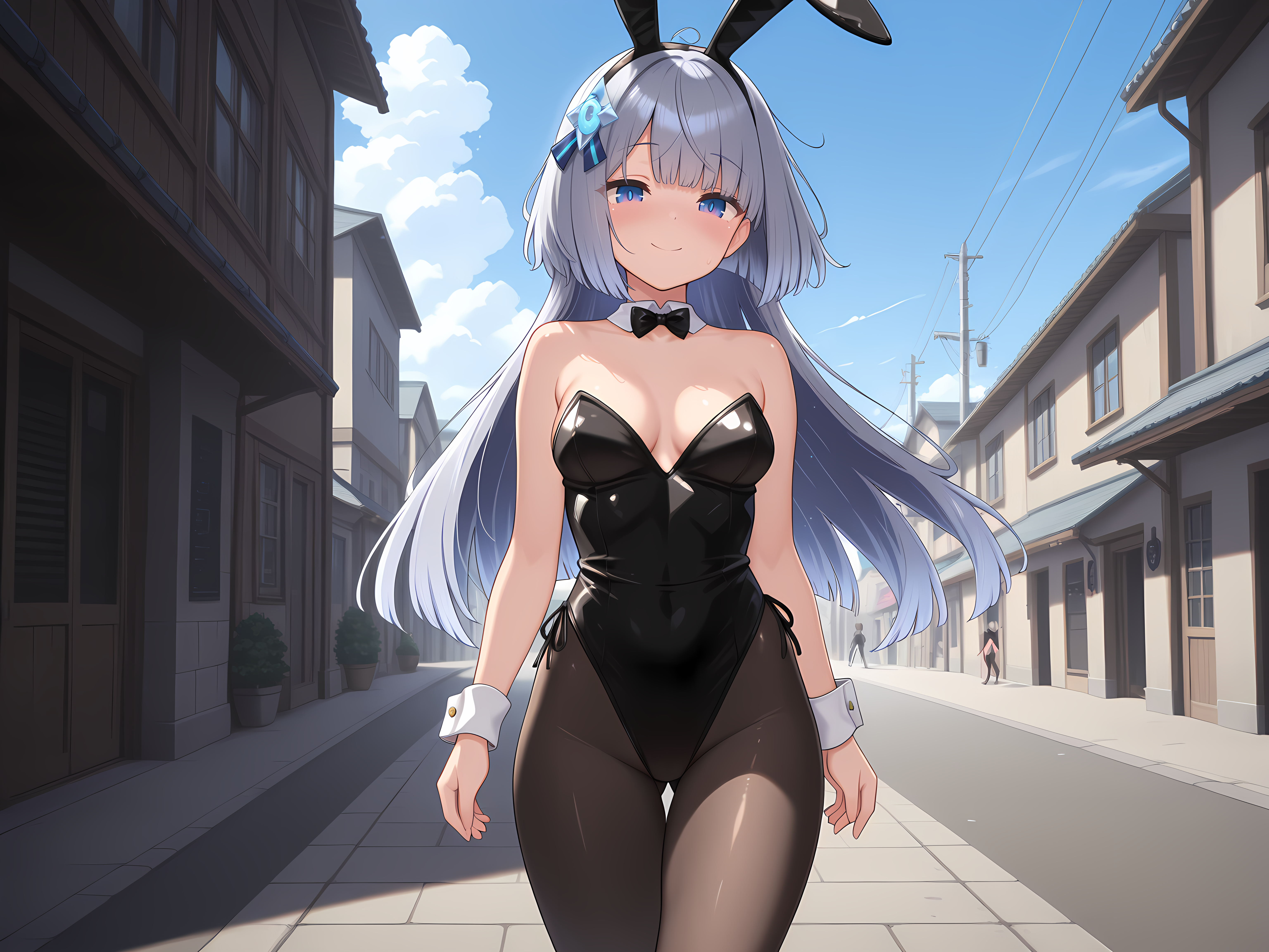 <lora:1:0.7>,selenoxia,bunny outfit,outdoors,medium breasts,looking at viewer,cowboy shot,walking,smile,, masterpiece,best quality,amazing quality,