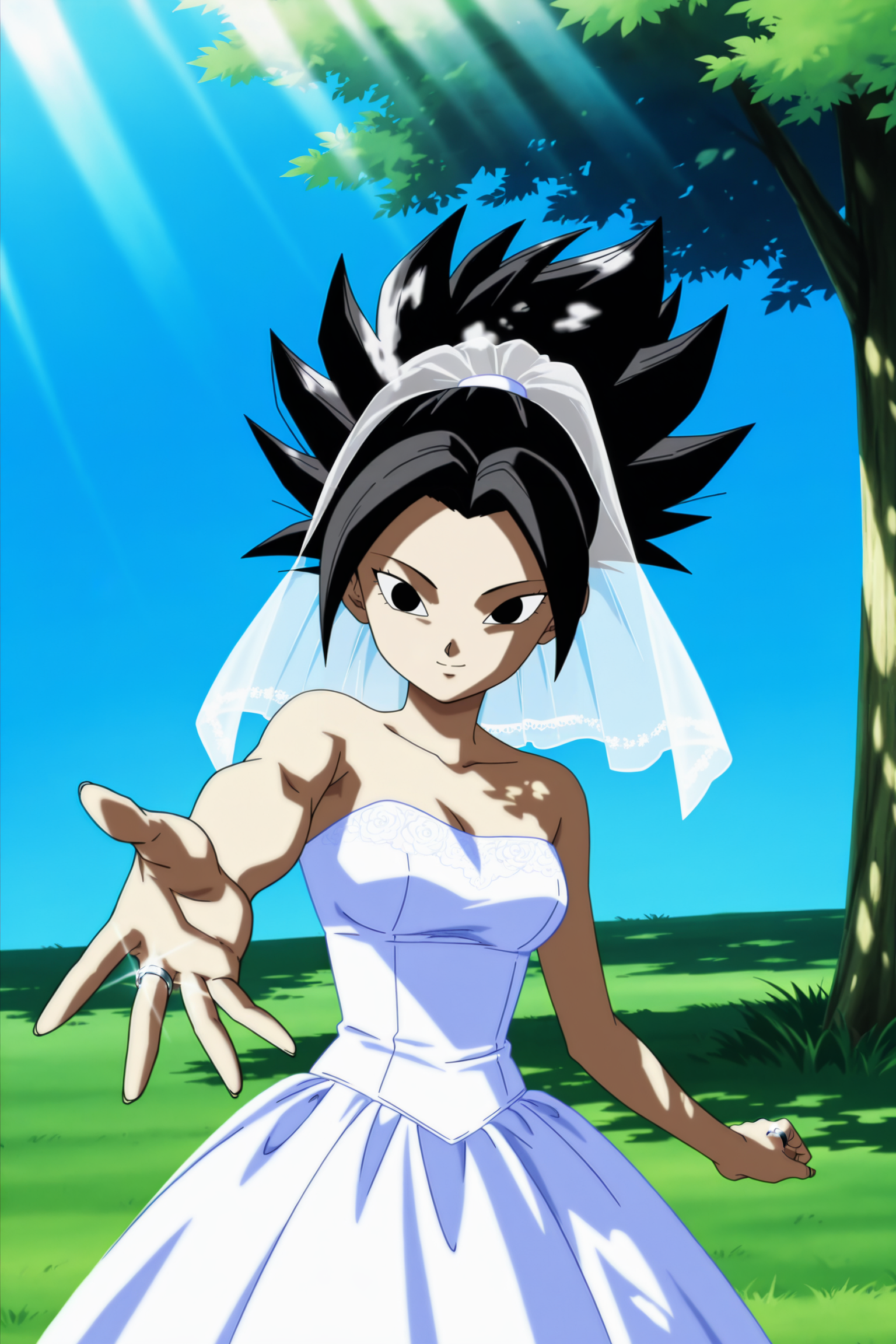 anime screencap, absurdres, high quality, 
caulifla, black hair, black eyes, (((ponytail))), 
wedding dress, wedding ring, bridal veil, wedding, day, dappled sunlight, grass, cowboy shot, outstretched hand, blue sky, nature, 
 <lora:Caulifla_iL:0.8>