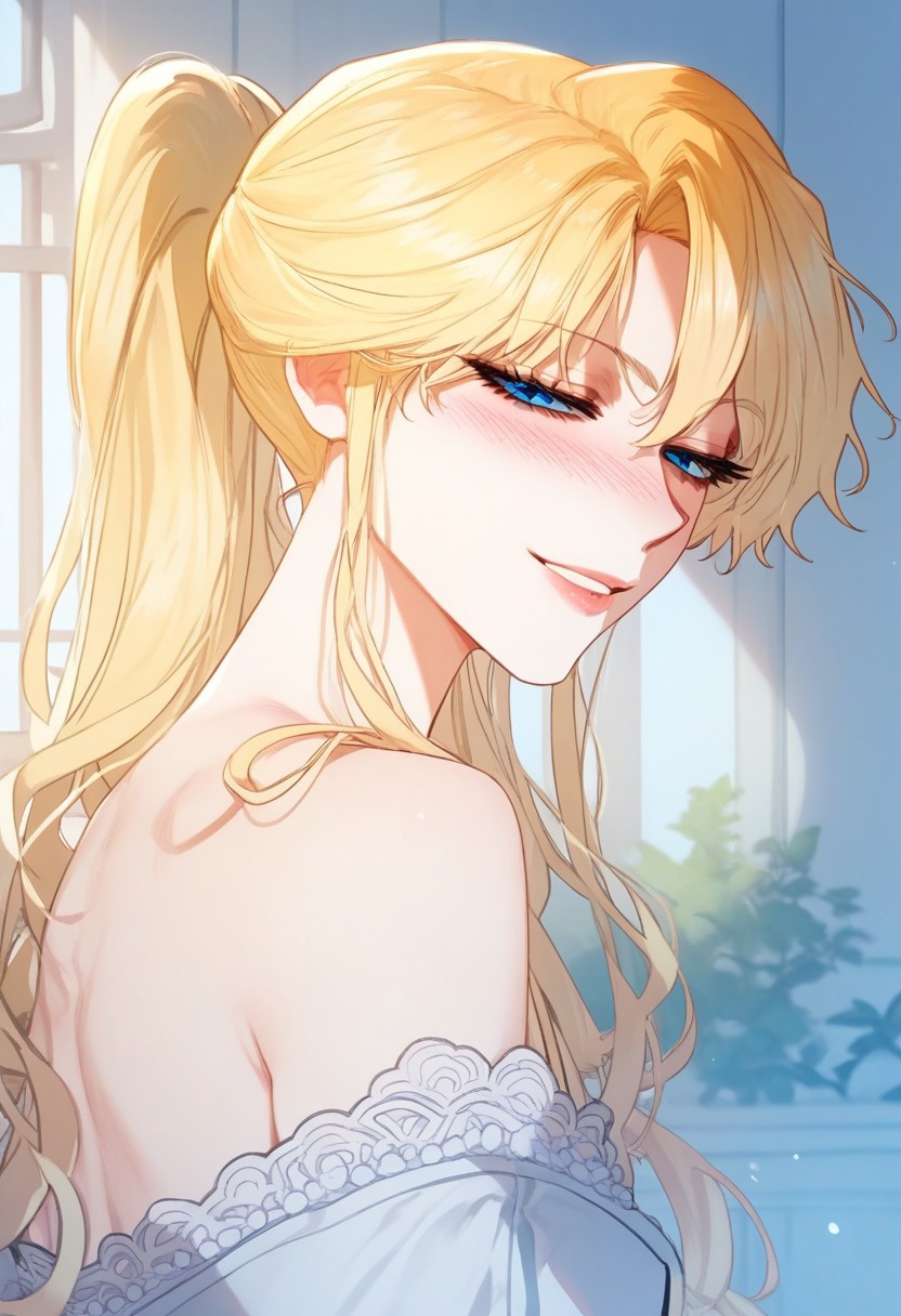 zPDXL2, score_9_up, score_8_up, score_7_up, (Anime_source), high detail face, best quality, absurd res, 1girl, KayenaHill, blue eyes, blonde hair, long hair, ponytail, cowboy shot, from side, looking back, looking at viewer, smile, blush, half-closed eyes