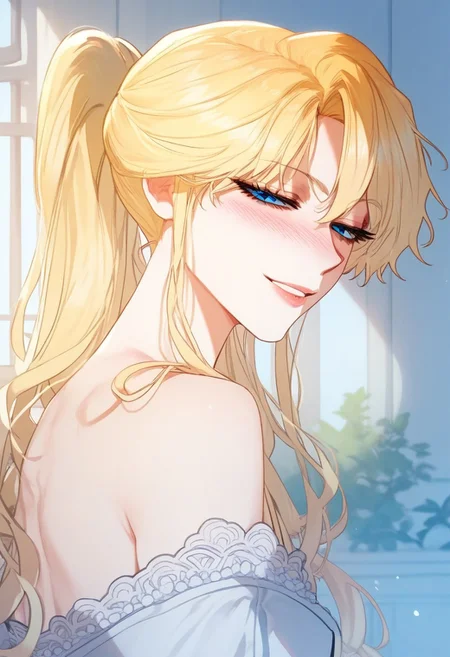 zPDXL2, score_9_up, score_8_up, score_7_up, (Anime_source), high detail face, best quality, absurd res, 1girl, KayenaHill, blue eyes, blonde hair, long hair, ponytail, cowboy shot, from side, looking back, looking at viewer, smile, blush, half-closed eyes