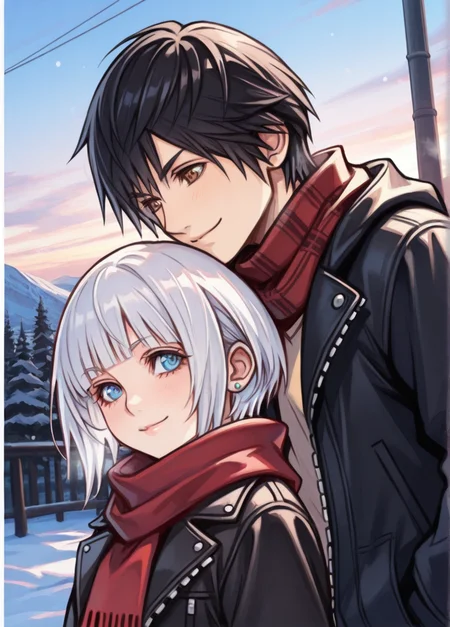 tetsuyaxd,
masterpiece, best quality, amazing quality, very aesthetic, absurdres, newest, detailed background, 4k, 8k, outdoors,
1girl, 1boy, black hair, jewelry, blue eyes, smile, earrings, brown eyes, scarf, bangs, blunt bangs, short hair, black jacket, jacket, red scarf, white hair, outdoors, closed mouth, sky, shirt, looking at another,
<lora:Tetsuya_Nomura_Style:1>