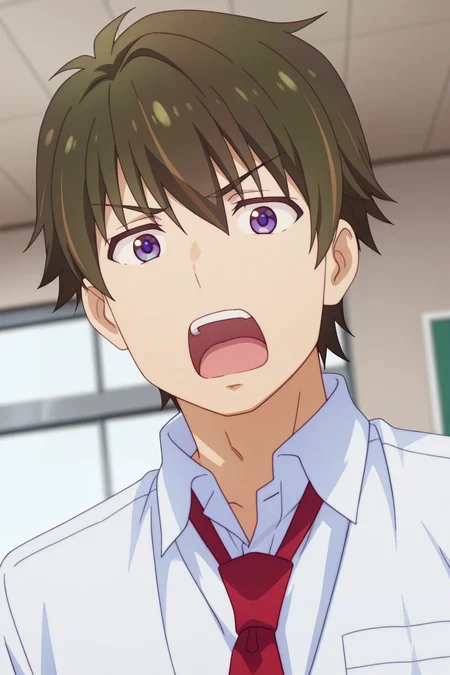 masterpiece, best quality, amazing quality,high resolution, intricate details,official style,depth of field,aanime screencap, , , 1boy, solo, male focus, , ,  <lora:Wataru_Sajo:0.85>, wataru sajo,dark brown hair,purple eyes,short hair,looking at viewer, open mouth, shirt, school uniform, white shirt, upper body, teeth, red necktie, collared shirt, v-shaped eyebrows, upper teeth only, parody, meme,indoors