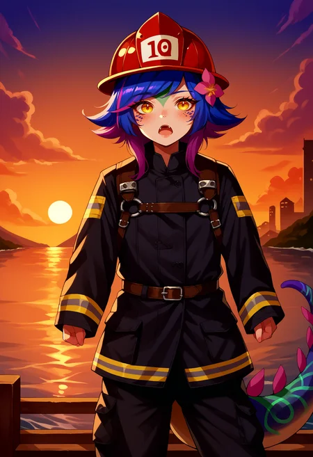 core_9, score_8_up,score_7_up, source_anime, 1girl, solo, <lora:EPllNeeko_epoch_8:1>, EPllNeeko, medium hair, multicolored hair, pink hair, purple hair, blue hair, yellow eyes, tail, hair flower, bangs, fang, open mouth, blush, monster girl, detailed background, cowboy shot, EPFireFighter, <lora:EPFireFighterPony:1.0>, wearing EPFireFighter, jacket, black jacket, pants, black pants, harness, helmet, red headwear,sunset, bridge, ocean, water, building, mountainous horizon,