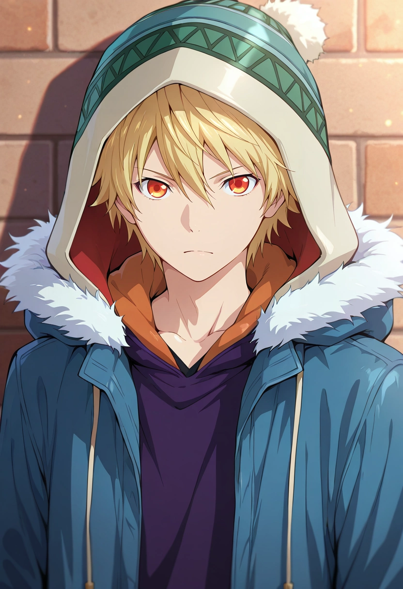 masterpiece, best quality, , , looking at viewer, 1boy, solo, male focus, <lora:yukine_noragami_ilxl:0.9>, yukine_noragami, blonde hair, red eyes, orange eyes, hood, fur trim, hat, ,