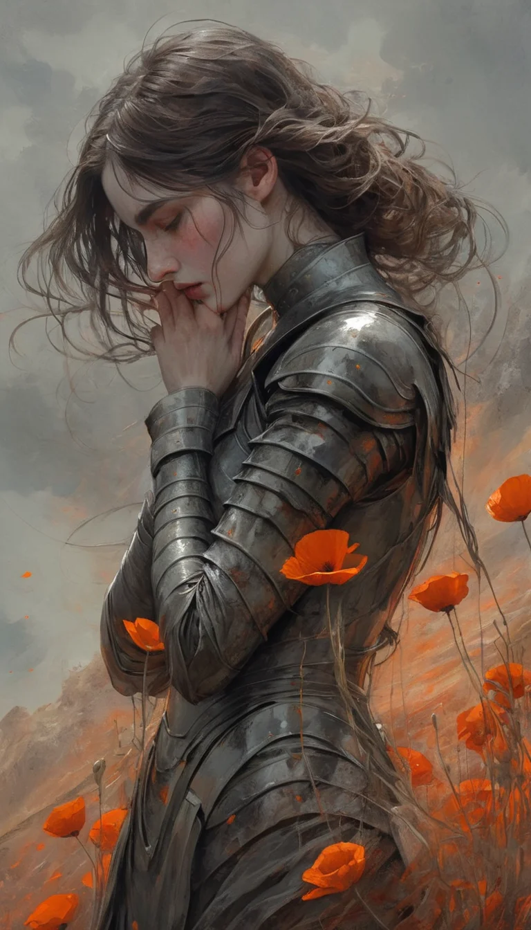 linquivera,coquelicot, beautiful woman, sorrowful expression, faded elegance, poignant atmosphere, lost beauty, melancholic aura, hauntingly captivating, timeless grief, stark contrast, delicate decay,line art,backlighting,wind,backlighting,stardust,(wind:1.2),knight,orange blood