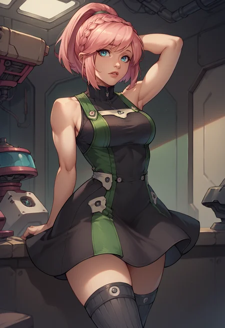 score_9, score_8_up, score_7_up, 1girl, looking at viewer, parted lips, arm behind head, <lora:KanonGE-pdxl-bsinky-v1:1> altKan, short hair, pink hair, crown braid, ponytail, blue eyes, sleeveless, green and black dress, black thighhighs, indoors, science fiction