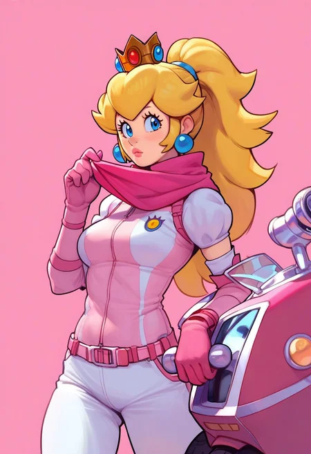 chelodoy, Chelodoy_PS, score_9, score_8_up, score_7_up, score_6_up, source_anime, high res image,masterpiece,best quality, 1girl, princess peach, blonde hair, blue eyes, earrings, ponytail, jewelry, bikesuit, white pants, long hair, looking at viewer, dutch angle, pink background, biker clothes, breasts, scarf, simple background, pink gloves, mini crown, bodysuit, elbow gloves