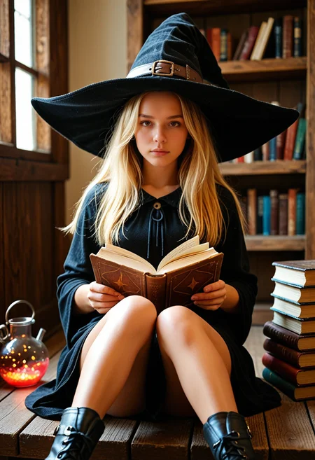 Photorealistic picture, depth of field, 1girl, solo, perfect body, sitting, book, dress, magic potions, black dress, holding, blonde hair, brown eyes, long hair, witch hat, holding book, boots, looking at viewer, hat, knees up, indoor, wooden furniture
