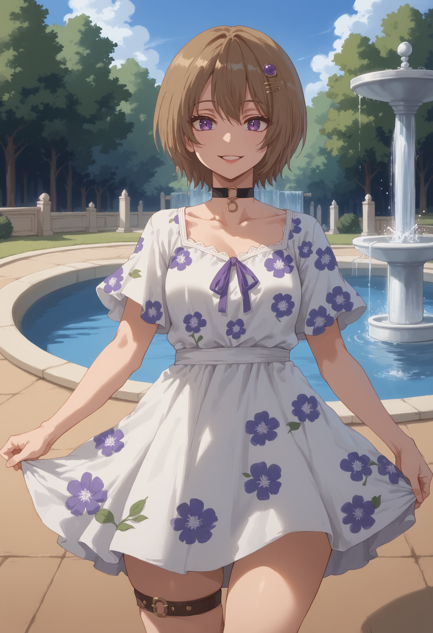score_9, score_8_up, score_7_up, highres, high res image, masterpiece, 1girl, 23yo, solo, bright colors, detailed face, detailed eyes, anime style,
<lora:KaifukuMeido-000002:1>, brown hair,purple eyes,walk in the park, White onepiece dress, summer dress, floral dress, hairpin, trees, suttle lipstick, thigh strap, short sleeves, smile, parted lips, choker, fountain,