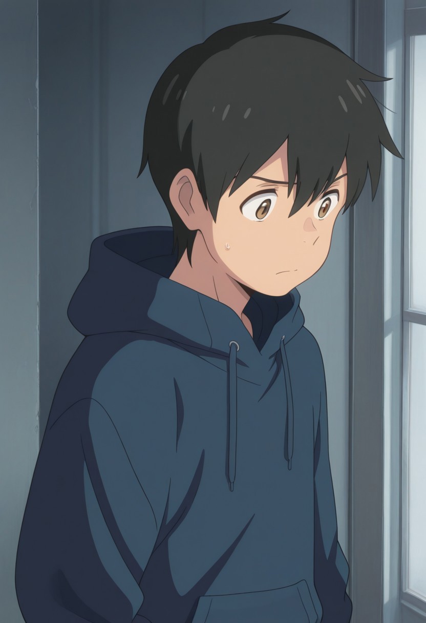 masterpiece,best quality,amazing quality, source_anime,
HodakaMorishima, 1boy, male focus, solo, brown eyes, black hair,  hood, hoodie, upper body, indoors, hair between eyes