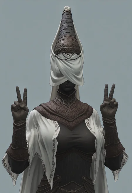 score_9, score_8_up, score_7_up, score_6_up, score_5_up, score_4_up, 1girl, <lora:NoxSwordstress:0.85> solo, large breasts, colored skin, black skin, faceless, veil, helmet, armor, cape, cloak, gloves, boots, upper body, v sign,
(light blue background:1.15), simple background,