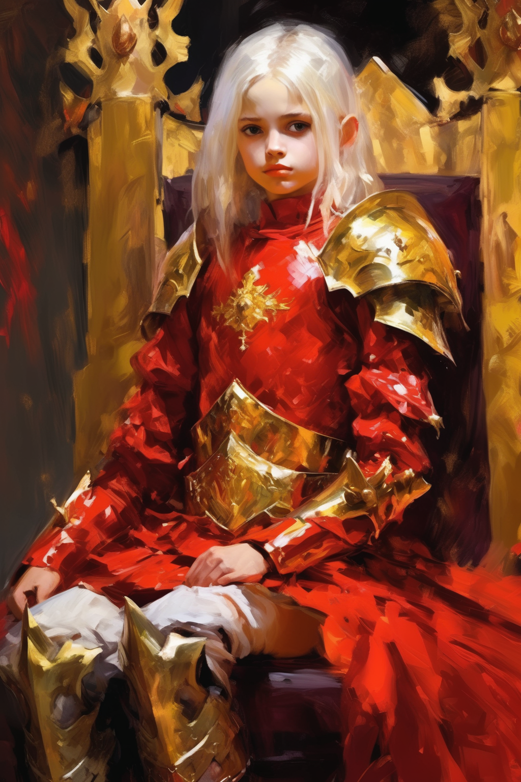 <lora:Andrew Atroshenko Style:1>Andrew Atroshenko Style - by Andrew Atroshenko, A beautiful white hair 13-year-old girl in red royal armor sits on a golden throne
