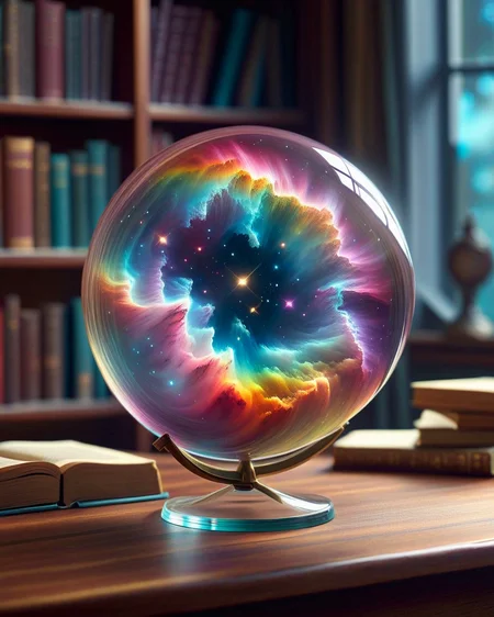 (Masterpiece, Best Quality, Highres:1.2),a glass globe, with a rainbow planetary nebula inside, on top of a table, in the background of a room with bookshelves, high fidelity, clarity, realistic, 4k, masterpiece