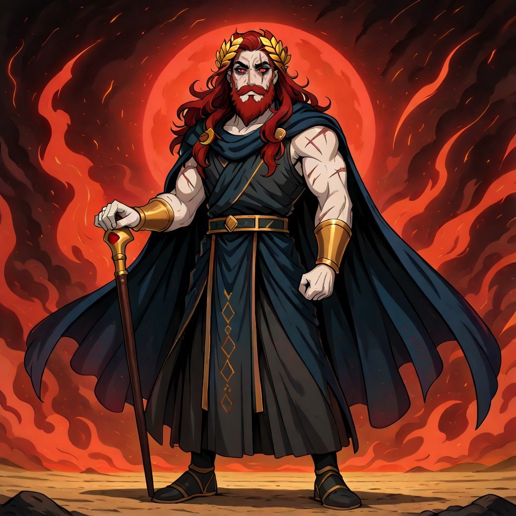 masterpiece, best quality, newest, absurdres, highres, ACGPTMV1, 1boy, red hair, beard, facial hair, mustache, scar, scars on face, goth fashion, red eyes, laurel crown, ancient greek clothes , sleeveless, robe, pale skin, pale, solo, solo focus, male focus, toned, makeup, eye shadow, full body, 
cane, 