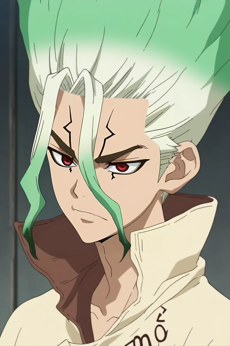 score_9, score_8_up, score_7_up, source_anime, anime screencap, anime coloring, official style, , , , 1boy, solo, male focus, <lora:senkuu_ishigami_pony:0.96>, senkuu_ishigami, green hair, red eyes, multicolored hair, two-tone hair, white hair, facial mark, , , , <lora:sdxl_lightning_8step_lora:1>