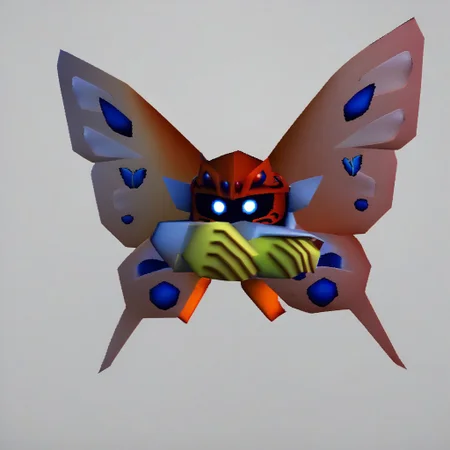 n64zeldastyle, 3d, polygonal, white background, full body, Morphoknight, butterfly wings, yellow gloves, orange footwear