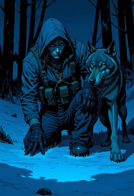 comic book style, A lone futuristic, rugged female warrior kneels in a dark, snowy forest at dusk, illuminated solely by a dim blue light from above that casts an eerie glow over her and her loyal wolf companion. She wears a tactical outfit layered with worn fabric and protective padding. Multiple tactical pouches are strapped across her chest, waist, and legs. Her hood partially shadows her face, but her intense, battle-hardened expression is visible as she closely examines the snow-covered ground, one gloved hand brushing aside the top layer to reveal hidden tracks or markings. Beside her, the wolf stands alert, his ears perked and eyes focused on the surroundings, adding a sense of vigilance and loyalty to the scene. Snow-covered trees surround them, their tall, dark silhouettes blending into the night, while the cold blue light creates a stark contrast against the surrounding darkness. The scene is filled with solitude and desolation, as if they’re searching for clues in a hostile, abandoned world.