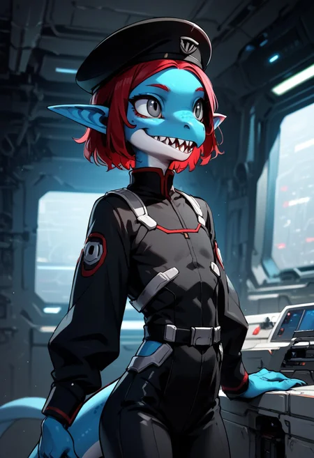 Expressiveh, source: anthro, negative_hand, score_9, score_8_up, score_7_up, (anthro female lizard), 1girl, solo, lizard_female, gray eyes, small ears, pointy ears, long tail, two toned skin, blue skin, white facial skin, red hair, parted bangs, flat chest, black uniform, black beret, black pants, sharp teeth, grinning, futuristic background, bedroom, standing, standing at attention,
close up, 3/4 view,