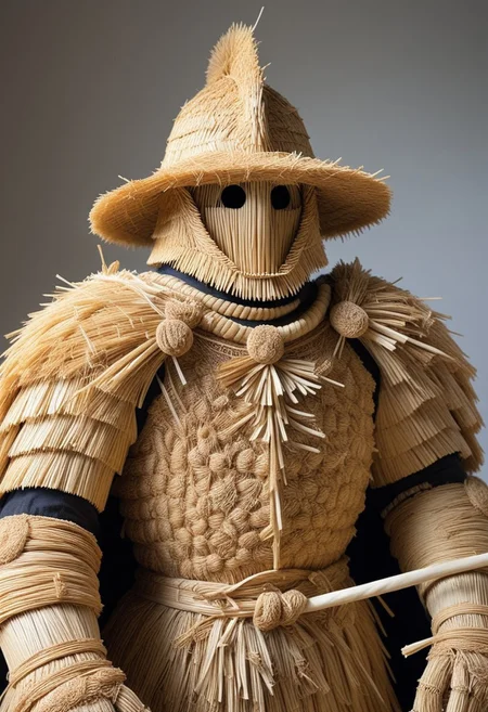 straw threads, a samurai with an straw thread samurai helmet and straw thread armour, set in a feudal Japan