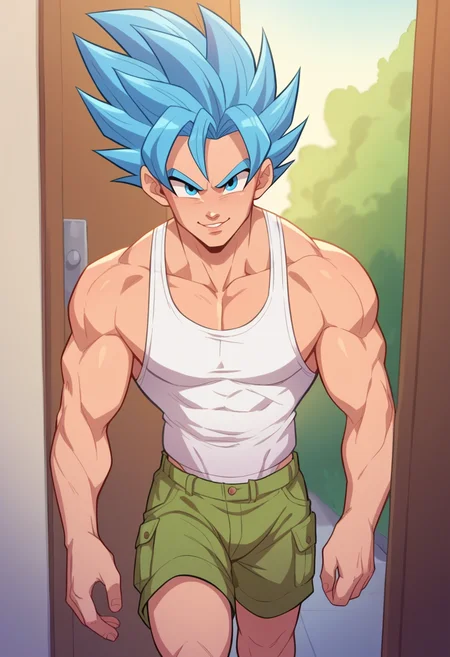 score_9, score_8_up, score_7_up,score_6_up BREAK ict style,nose lips,1boy, solo, male focus,walking, doorway, blue hair, spiked hair, super saiyan, blue eyes, white tank top, cargo shorts, v, light smile <lora:BootyFarmPony:1>