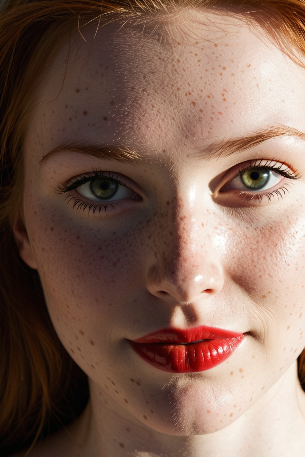 a woman with green eyes and a red lipstick, beautiful shadowing, freckled pale skin, woman with freckles, light cute freckles, gorgeous sunlight and shadows, sexy girl with green eyes, pale beautiful skin, beautiful pale makeup, shadowed face, soft shadows on the face, perfectly shaded face, smooth pale skin, beautiful sunlight and shadows, sexy smirk