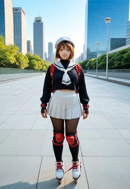 score_9, score_8, score_7, a high detail RAW color professional photo of a 18yo beautiful stunning plump woman posing for a picture, Kinomoto_Sakura, green_eyes, brown_hair, short_hair, antenna_hair, hair_intakes, perfect anatomy wide hips, narrow waist, broad shoulders, beret, white headwear, white_skirt, pleated_skirt, black_shirt, white_sailor_collar, white_neckerchief, long_sleeves, backpack, pantyhose, knee pad,elbow, pad,wrist pad, black inline skates, oversize clothes pose, standing, outdoors, cityscape, blue sky, soft lighting, 8k, perfect lighting, cinematic lighting, highly detailed eyes, highly detailed pupils, highly detailed face, highly detailed skin texture, highly detailed facial features, highly detailed hair texture, highly detailed body, highly detailed hands and fingers, highly detailed nails, highly detailed background, full-body shot, looking at the viewer, f/2.8, 50mm focal length, ISO 200, photographed on a Canon EOS 90D Camera