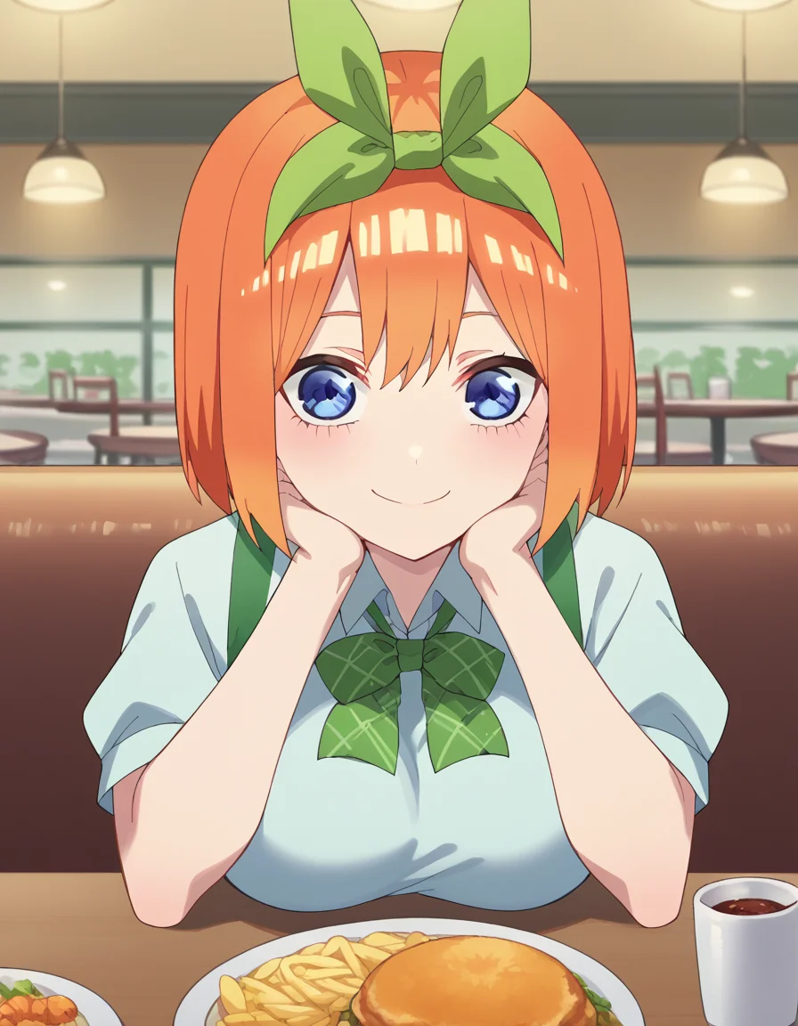 score_9, score_8_up, score_7_up, source_anime, <lora:yotsuba-nakano-s2-ponyxl-lora-nochekaiser:1>, yotsuba nakano, bangs, short hair, blue eyes, hair between eyes, hair ribbon, hairband, orange hair, green ribbon, large breasts,, <lora:pov-across-table-ponyxl-lora-nochekaiser:1> pov across table, pov dating, restaurant, table, meal, care, cup, head rest, smile, elbow on table, food, elbow rest, ,
