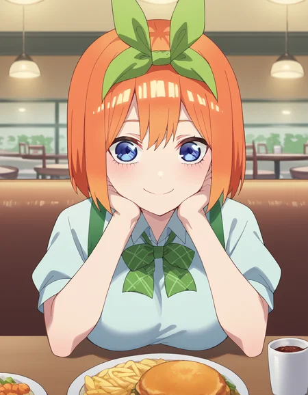 score_9, score_8_up, score_7_up, source_anime, <lora:yotsuba-nakano-s2-ponyxl-lora-nochekaiser:1>, yotsuba nakano, bangs, short hair, blue eyes, hair between eyes, hair ribbon, hairband, orange hair, green ribbon, large breasts,, <lora:pov-across-table-ponyxl-lora-nochekaiser:1> pov across table, pov dating, restaurant, table, meal, care, cup, head rest, smile, elbow on table, food, elbow rest, ,