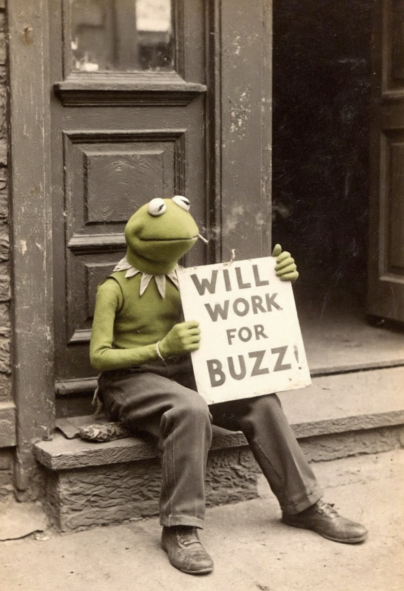 homeles and sad kermit the frog is sitting on a dirty sidewalk and holding a sign that says: "Will work for buzz" . He is smoking his last cigarete.  An aged worn sepia monochrome 1800s photograph