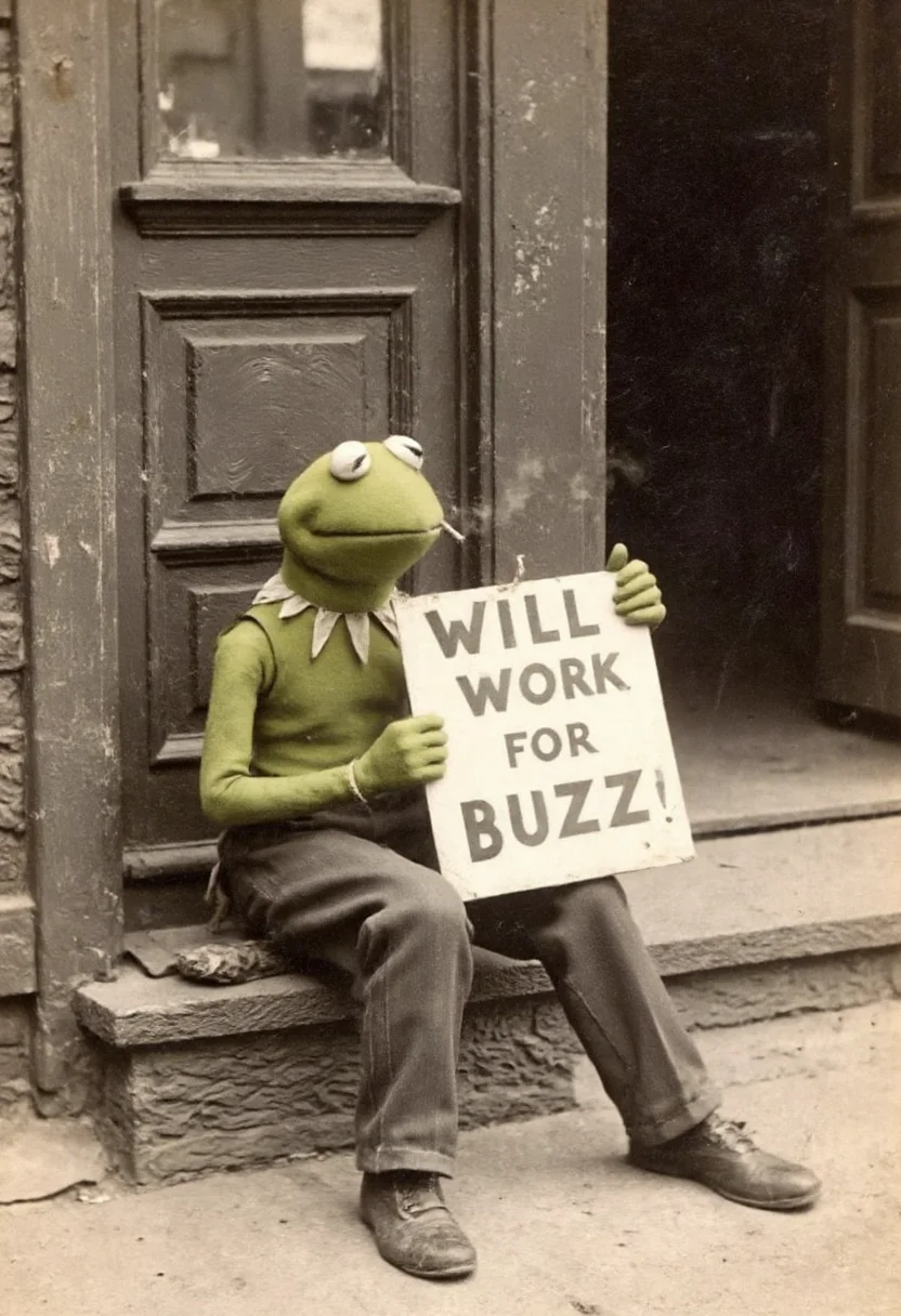homeles and sad kermit the frog is sitting on a dirty sidewalk and holding a sign that says: "Will work for buzz" . He is smoking his last cigarete. An aged worn sepia monochrome 1800s photograph
