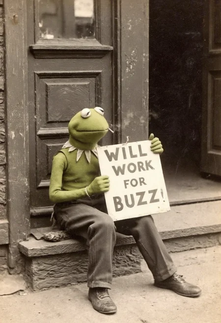 homeles and sad kermit the frog is sitting on a dirty sidewalk and holding a sign that says: "Will work for buzz" . He is smoking his last cigarete. An aged worn sepia monochrome 1800s photograph