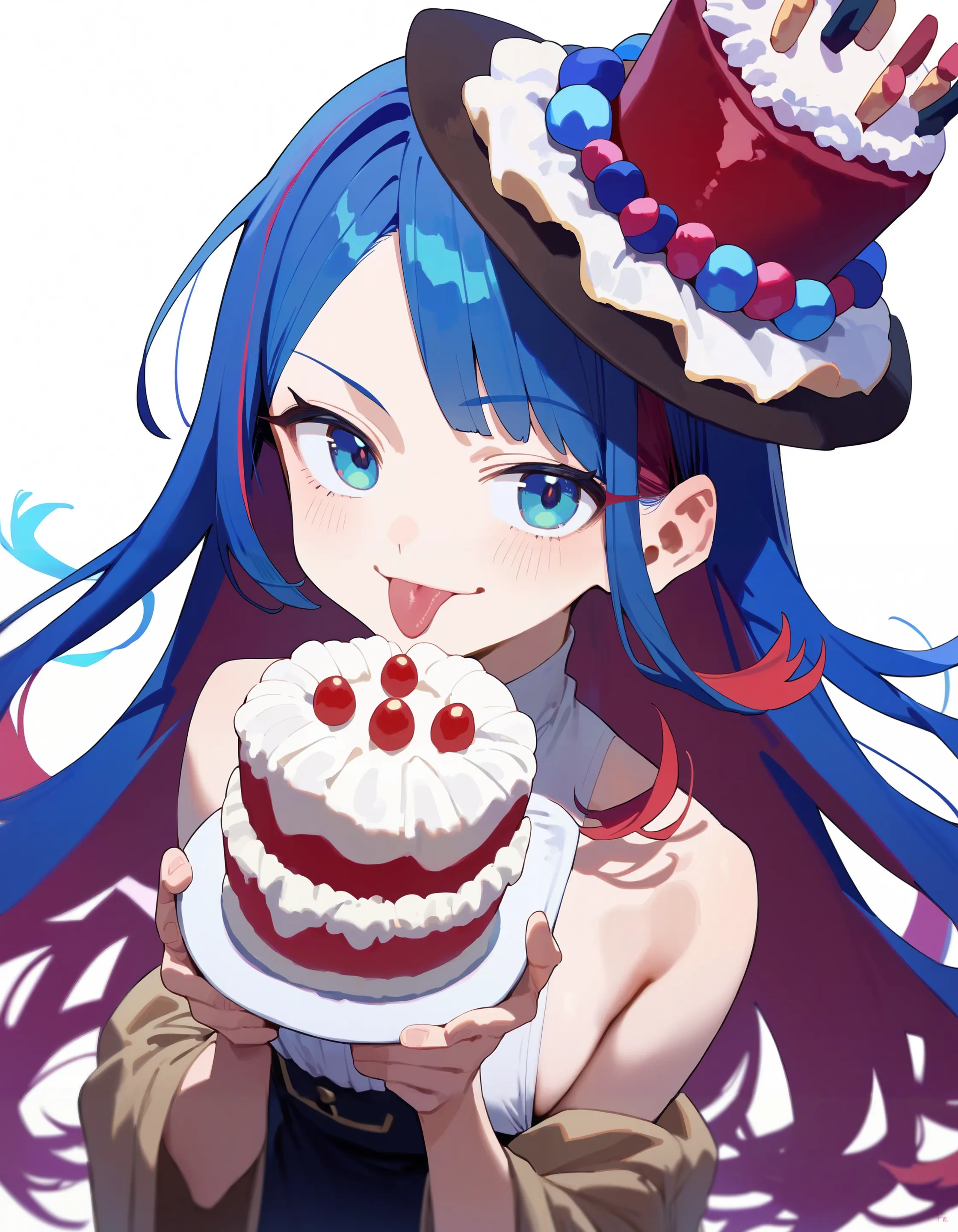 score_9, score_8_up, score_7_up,
1girl, :p, tongue out, smug, holding cake, cake hat, cream, birthday cake,
happy, red hair, blue hair, multicolored hair, upper body, white background,
<lora:concept_cakehat-pony:1>