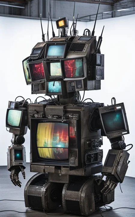 A photo of an evil robot made out of old CRT screens <lora:Made_out_of_old_CRT_screens_-_SDXL_LoRA:1>