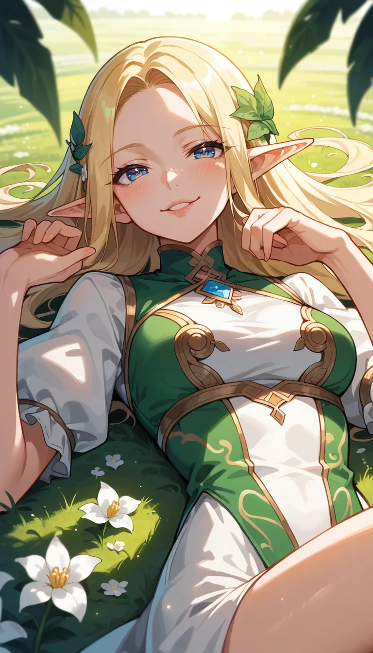 score_9, score_8_up, score_7_up, Anime Style, Portrait, girl, elf adventurer, lying down in a field of white flowers, cute, seductive, innocent, light smile:0.3, plump lips, slender body, foliage dress, looking at viewer, smug, smirk, blushing, volumetric lighting, sunbeam, soft lighting, mystical, magical, rim lighting, fantasy, sparkle, glittering, depth of field, dynamic angle, fashion photography, sharp, hyperdetailed:1.15