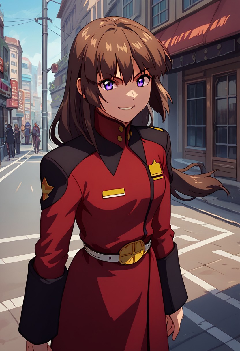 score_9, score_8_up, score_7_up,source_anime,street view, city view,shiho, brown long tieds hair with bangs, purple eyes, red military uniform, belt,smile