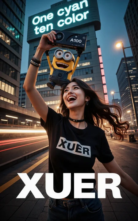 A laughing Minion holds a video card labeled 'A100' over his head.  The minion is being chased by a girl wearing a shirt with the XUER logo.  In the background, a large building looms, with a neon 'One cyan ten color' sign glowing at the top.

XUER INS style,1girl,solo,looking at viewer,extremely beautiful skin,natural skin texture,big breasts,earrings,
The woman has long, wavy, dark brown hair cascading down her back. Her skin tone is light, and she appears to be of Caucasian ethnicity.
She accessorizes with a black choker necklace and multiple bracelets on her wrists. with a focus on fashion and style.

highly detailed,ultra-high resolution,32K UHD,sharp focus,best-quality,masterpiece,unconventional supreme masterpiece,masterful details,depth of field,blurry background,blurry foreground,motion blur,going really fast masterpiece,deep focus,
color  graded cinematic,atmospheric  lighting,award  film grain,A shot with tension,(Visual impact,giving the poster a dynamic and visually striking appearance:1.2),impactful picture,
ultra-realistic,high dynamic range,photoreal,epic realistic,dark shot,shadows,(This is a real high-definition photo:1.1),with professional photography and high resolution，
contrast,layered colors,vivid colors,contrast,offcial art,movie perspective,very aesthetic,disheveled hair,perfect composition,intricate details,moody,epic,photorealistic,
intricate details,soothing tones,high contrast,natural skin texture,soft light,sharp,masterpiece,best quality,(ray tracing),sunlight,insanely interplay between lights and shadows,

cinematic photo This is a poster about the One cyan ten color，It has a realistic picture effect，The picture is messy and extremely rich in details，(The theme text of the poster is: "XUER":1.2)，One line apart,(the subtitle below reads: "One cyan ten color":1.2),
