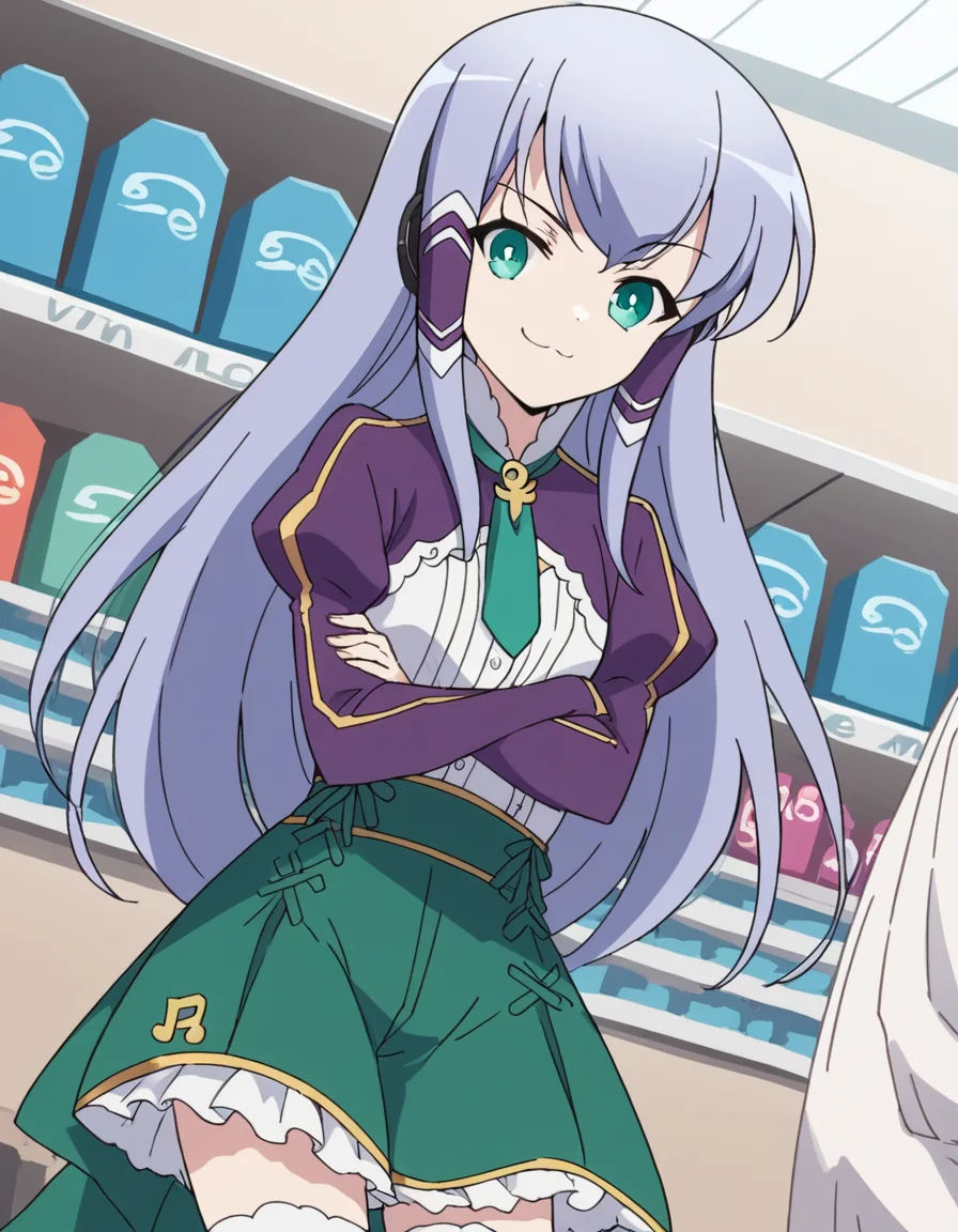 score_9, score_8_up, score_7_up, source_anime, <lora:elze-silhoueska-s2-ponyxl-lora-nochekaiser:1>, elze silhoueska, long hair, blue eyes, green eyes, blue hair, aqua eyes, hair tubes,, skirt, thighhighs, white thighhighs, puffy sleeves, white shirt, necktie, green necktie, purple sleeves, green skirt, frilled skirt, music store, browsing records, headphones, vinyl collection, nostalgic, , crossed arms, smug, looking at viewer, solo,, dutch angle, cowboy shot