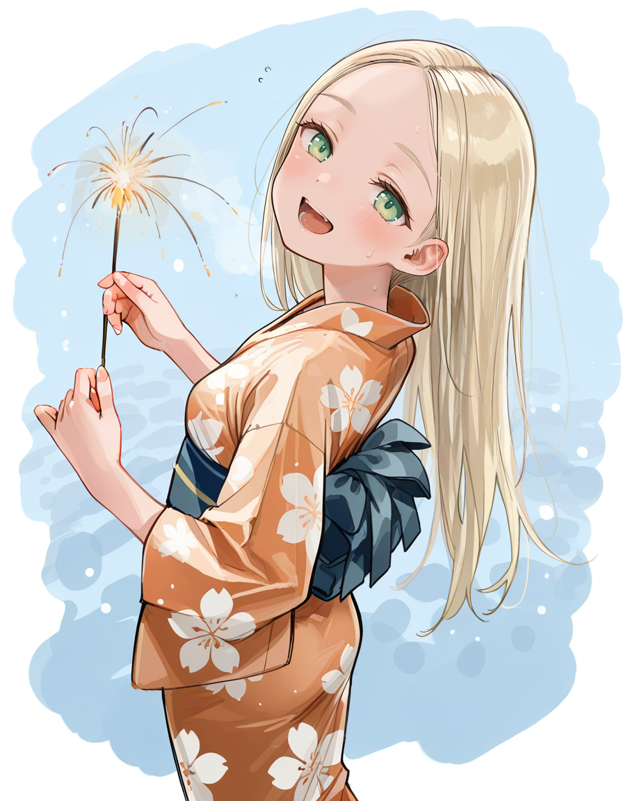 score_7_up, anime BREAK official art, solo, 1girl, one girl, 
<lora:masuda_nangokumusume:0.9>, nangoku musume, long hair, small breasts, blond hair, green eyes, 
<lora:temochihanabi:1>, temochihanabi, 
smile, open mouth, orange kimono, yukata, hand-held fireworks, look back
(masterpiece:1.3), best quality, high resolution, unity 8k wallpaper, extremely detailed CG, 8K, (watercolor \(medium\), muted color, sketch:1.1), perfect anatomy, highly finished, masterpiece, best quality, high quality, amazing quality, great quality, very aesthetic, ultra detailed, highres, absurdres, highly detailed, highly detailed background,