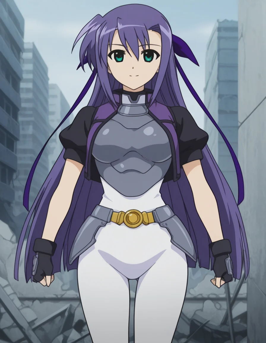 official style,ginga nakajima,green eyes,purple hair,very long hair,hair ribbon,magical girl,cropped jacket,white bodysuit,(iron chest armor),puffy short sleeve,fingerless black gloves,belt,white pantyhose,
(standing:1.5),(anime screencap), 2d cel anime,anime cap,anime,anime style,anime cel,cell shaded,soft brightness,perfect face,perfect nose, perfect hair, perfect eyes,perfect female body,perfect skin,a face of perfect proportion,perfect lighting,perfect anatomy,perfect proportion,perfect hands,perfect legs,perfect fingers,masterpiece,hair between eyes,
medium large breasts,
perky breasts,best quality,very aesthetic,absurdres,16k,intricate detail,amazing quality,(bold:3.12),thick outline,black outline,harsh lines,soft lines,deluster,boldline,curvy,(anime coloring:1.2)smile,slim,
looking at viewer,front view,straight-on,facing viewer,front angle shot,shoot from front,from right in front of face and body,,,,,,,,(mask:-2),(skirt:-1),(purple bodysuit:-1),(paint:-1),(camouflage:-1),
super fine illustration,detailed linework,vibrant colors,kawaii,flat color,ruins city,day,abandoned city,(hat:-1),
<lora:éæ³å°å¥³ãªãªã«ã«ãªã®ã¯ã®ã³ã¬ãã«ã¸ãillustriousMagical_Girl_Lyrical_NANOHAGinga_Nakajimaillustrious-000012:1:0.8>