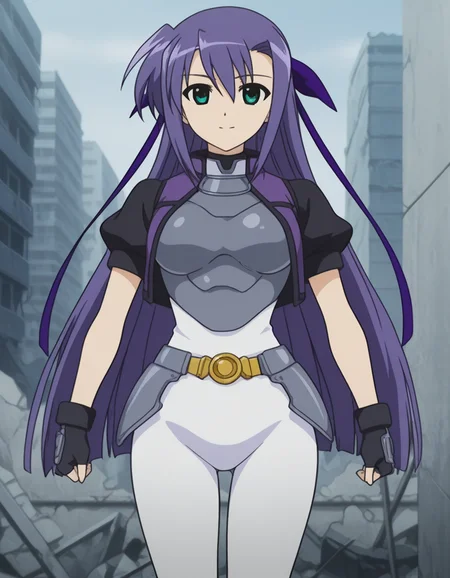 official style,ginga nakajima,green eyes,purple hair,very long hair,hair ribbon,magical girl,cropped jacket,white bodysuit,(iron chest armor),puffy short sleeve,fingerless black gloves,belt,white pantyhose,
(standing:1.5),(anime screencap), 2d cel anime,anime cap,anime,anime style,anime cel,cell shaded,soft brightness,perfect face,perfect nose, perfect hair, perfect eyes,perfect female body,perfect skin,a face of perfect proportion,perfect lighting,perfect anatomy,perfect proportion,perfect hands,perfect legs,perfect fingers,masterpiece,hair between eyes,
medium large breasts,
perky breasts,best quality,very aesthetic,absurdres,16k,intricate detail,amazing quality,(bold:3.12),thick outline,black outline,harsh lines,soft lines,deluster,boldline,curvy,(anime coloring:1.2)smile,slim,
looking at viewer,front view,straight-on,facing viewer,front angle shot,shoot from front,from right in front of face and body,,,,,,,,(mask:-2),(skirt:-1),(purple bodysuit:-1),(paint:-1),(camouflage:-1),
super fine illustration,detailed linework,vibrant colors,kawaii,flat color,ruins city,day,abandoned city,(hat:-1),
<lora:éæ³å°å¥³ãªãªã«ã«ãªã®ã¯ã®ã³ã¬ãã«ã¸ãillustriousMagical_Girl_Lyrical_NANOHAGinga_Nakajimaillustrious-000012:1:0.8>
