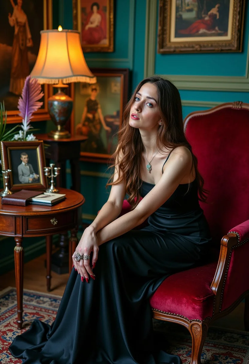In the center of a vibrant, dark room, a woman with long, cascading brown hair and piercing blue eyes sits on a vintage, velvet armchair, her pale skin contrasting with the deep red fabric. She wears a flowing, black silk gown that pools at her feet, her hands adorned with eclectic rings. Her gaze is fixed on an unseen figure, her expression a mix of loss and defiance. She speaks to herself, her voice a low, passionate whisper.
The room is filled with abstract paintings, incense, and ambient music. A single, antique floor lamp casts a warm glow, highlighting her features. Behind her, an ornate mirror reflects her image. Beside her, a wooden table holds treasured objects: a leather journal, feather quill, silver candlestick, vintage pocket watch, and a framed photograph.
The scene is staged like a portrait, every detail carefully arranged to tell a story. Her expression, body language, and the room's atmosphere combine to create a powerful, compelling image, inviting the viewer to share in her secrets and emotions.