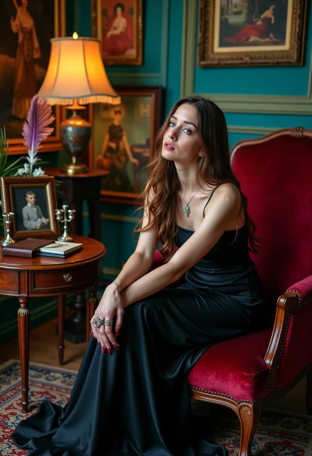 In the center of a vibrant, dark room, a woman with long, cascading brown hair and piercing blue eyes sits on a vintage, velvet armchair, her pale skin contrasting with the deep red fabric. She wears a flowing, black silk gown that pools at her feet, her hands adorned with eclectic rings. Her gaze is fixed on an unseen figure, her expression a mix of loss and defiance. She speaks to herself, her voice a low, passionate whisper.
The room is filled with abstract paintings, incense, and ambient music. A single, antique floor lamp casts a warm glow, highlighting her features. Behind her, an ornate mirror reflects her image. Beside her, a wooden table holds treasured objects: a leather journal, feather quill, silver candlestick, vintage pocket watch, and a framed photograph.
The scene is staged like a portrait, every detail carefully arranged to tell a story. Her expression, body language, and the room's atmosphere combine to create a powerful, compelling image, inviting the viewer to share in her secrets and emotions.