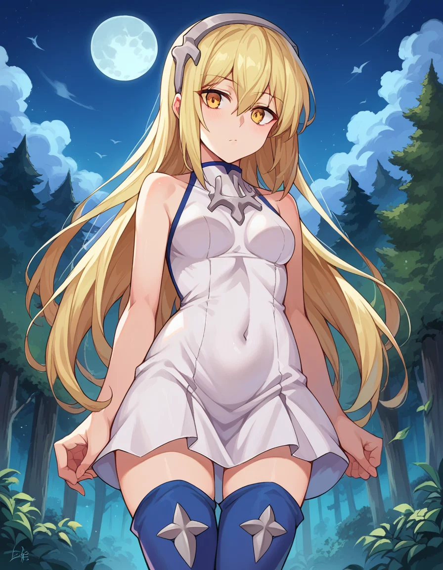 score_9, score_8_up, score_7_up, source_anime,
aizwallenstein, <lora:aiz-wallenstein-ponyxl-lora-nochekaiser:1>,
aiz wallenstein, blonde hair, hair between eyes, hairband, long hair, yellow eyes, sidelocks,
blue thighhighs, covered navel, dress, multicolored clothes, multicolored dress, taut clothes, taut dress, thighhighs,
outdoors, forest, nature, night, moon,
looking at viewer, dutch angle, cowboy shot,