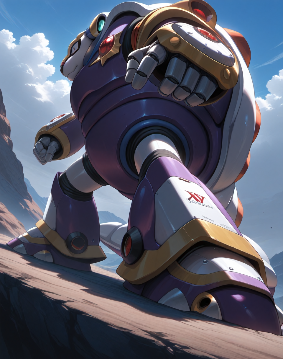 <lora:Armored_Armadillo_(Mega_Man_X)_(Illustrious)_(AD):1.35> Armored Armadillo, reploid, MMX, 
exterior, video game background, sky with clouds, back view, 
male focus, intense shadows, dynamic shadows, intricate details, attention to details, gradient coloring, robot, 
BREAK very awa, masterpiece, best quality, amazing quality, very aesthetic, highres, absurdres, 
EZRealPONYXL, zPDXL, Smooth Quality, lazynsfw,