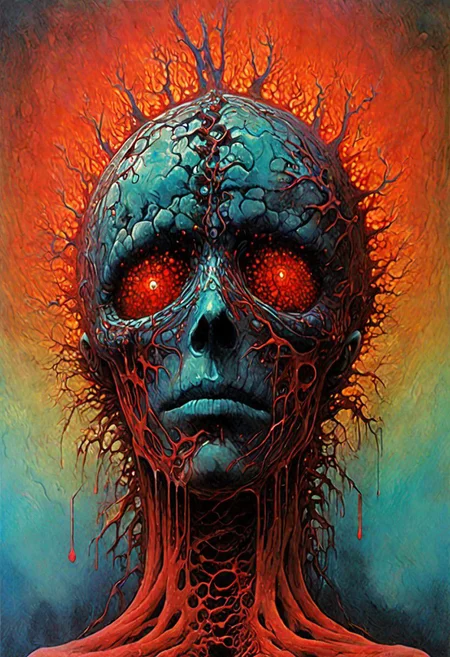 Establishing Shot painting of a ((Virus with humanoid body)) flowing (inside bloodstream) in style of [Dean Ellis: Steven DaLuz: 0.3],digital artwork by Beksinski, trypophobia:1.5, glitch, psychedelic:1.9, Psilocybin, trypophobia:1.3, hyper-detailed:1.1, ((best quality)), linquivera, masterpiece, detailed cells, (deep neurons):1.5, blacklight, scar, binary code and digital art, binary code, digital art, ral-dissolve:1.3, liiv, ((background blends with the subject nicely) in the style of EdobHorrorLandscape: digital artwork by Beksinski: 0.6)
