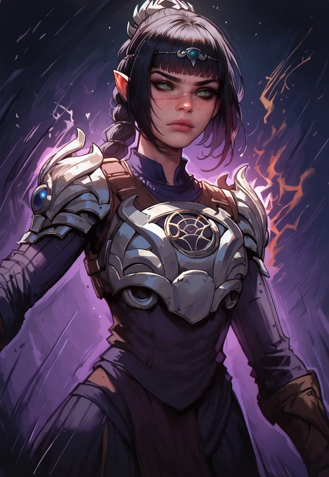 score_9, score_8_up, score_7_up, d3t41l3d, sinozick style, 1girl, ShhBG3, green eyes, freckles, nose scar, pointy ears, long hair, ponytail, black hair, fringe, circlet, slim fit, armor, magic, casting spell, dynamic pose, glowing, motion lines, cowboy shot