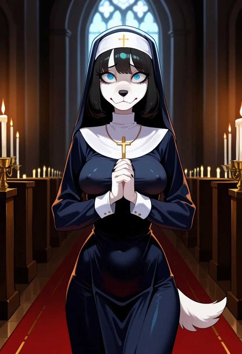 score_9, score_8_up, score_7_up, high resolution, masterpiece, best quality, itsunkownanon,
1girl, solo, temple, church, dark room, candles, soft candlelight, dynamic lighting,
FFITS, cartoony eyes, eyelashes, cute, furry female, dog girl, dog tail, dog ears, white skin, white fur, black hair, medium breasts, erect nipples, crazy eyes, Blue eyes, nun, nun's clothes, erect nipples under clothes, praying, looking at viewer, sad face