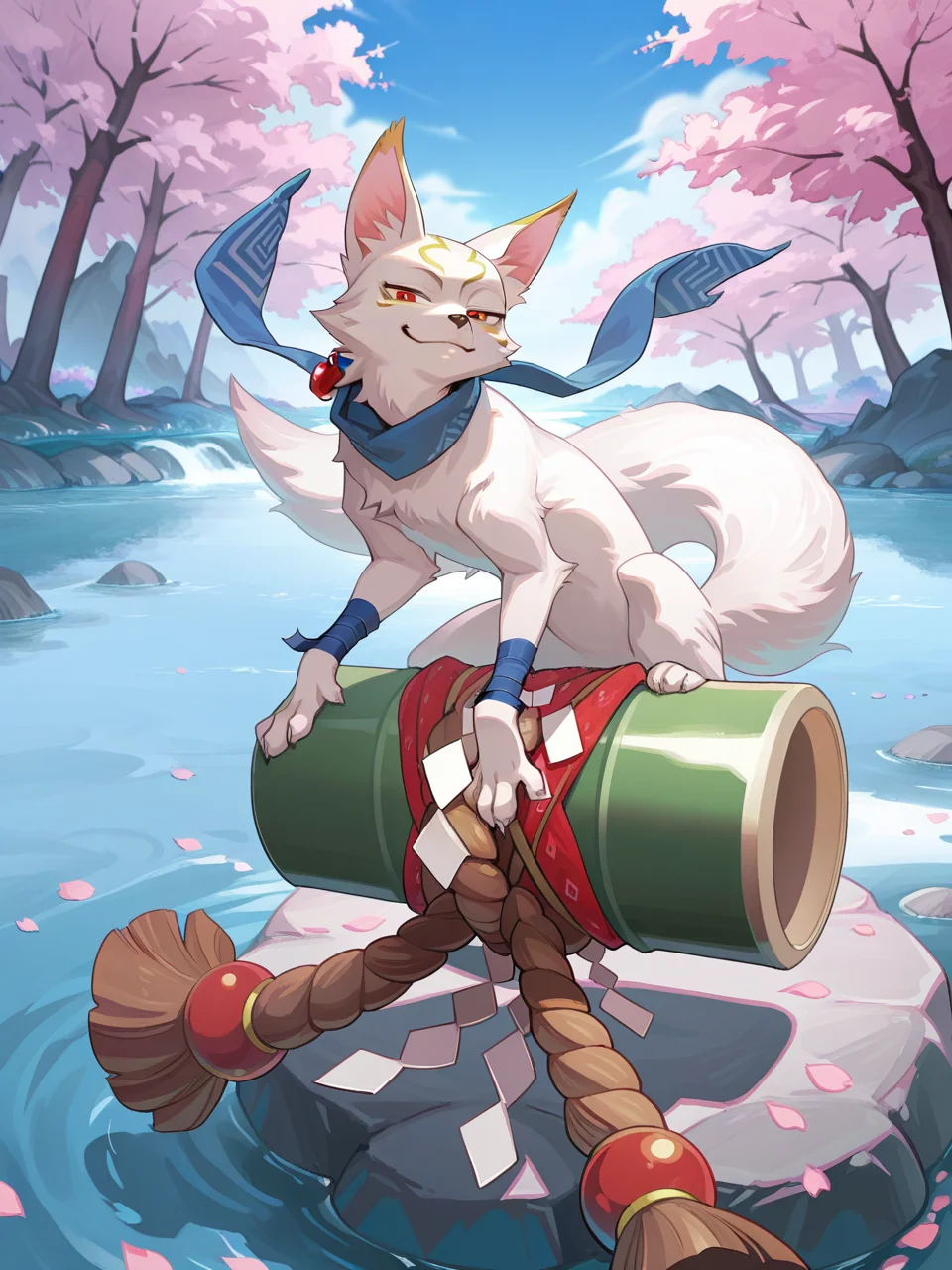 masterpiece, best quality, amazing quality,feral,
k@nk0,fox boy,1boy,solo,male focus,red eyes,gold facial mark,blue scarf,wrist bandages,smug,(bamboo rocket,shimenawa,shide,brown rope),smile,looking at viewer,river, cherry blossoms,
<lora:Kanko_IL:1>