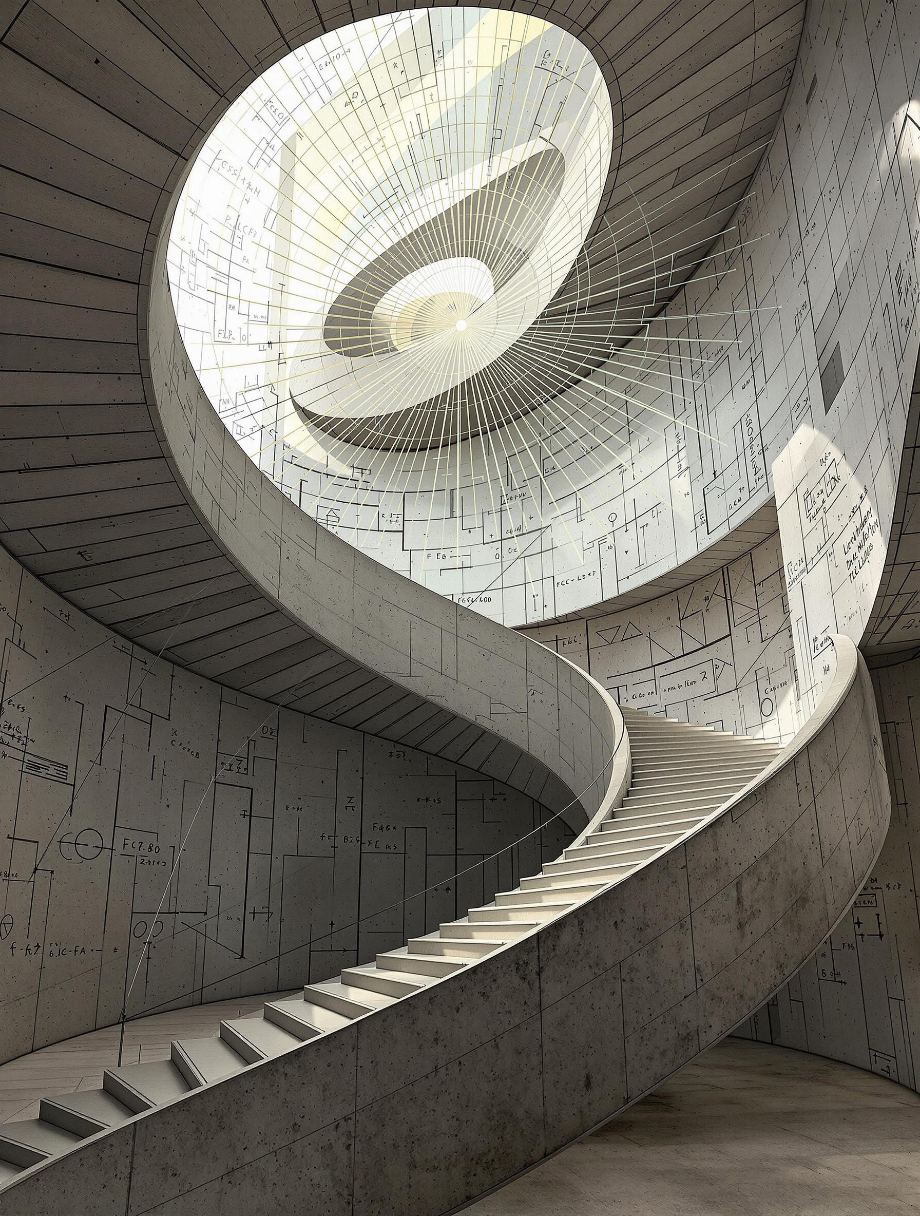 Brutalist staircase as quantum mechanics visualization, f/16 focus, crystalline concrete details, multidimensional spiral folding through space-time, apex light splitting into spectrum, parallel universe branches at each landing, abstract physics diagrams overlaid, subatomic particle trails, Schrödinger equation etched into steps